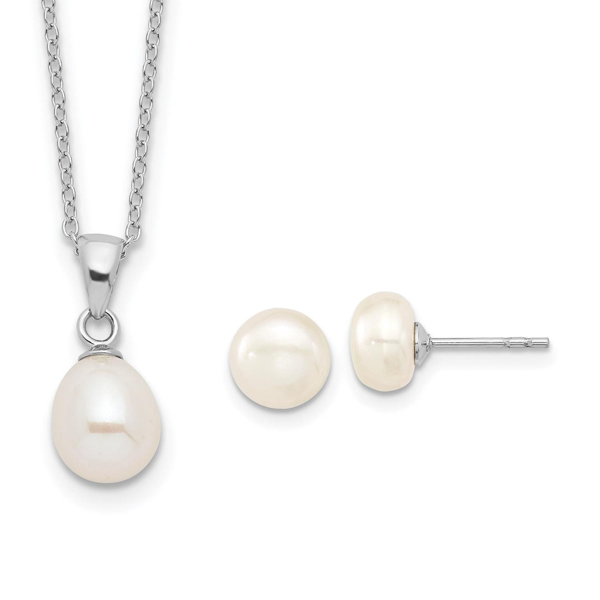Distinctive Sterling Silver Rhodium-plated FWC Pearl Necklace/Stud Earring Set