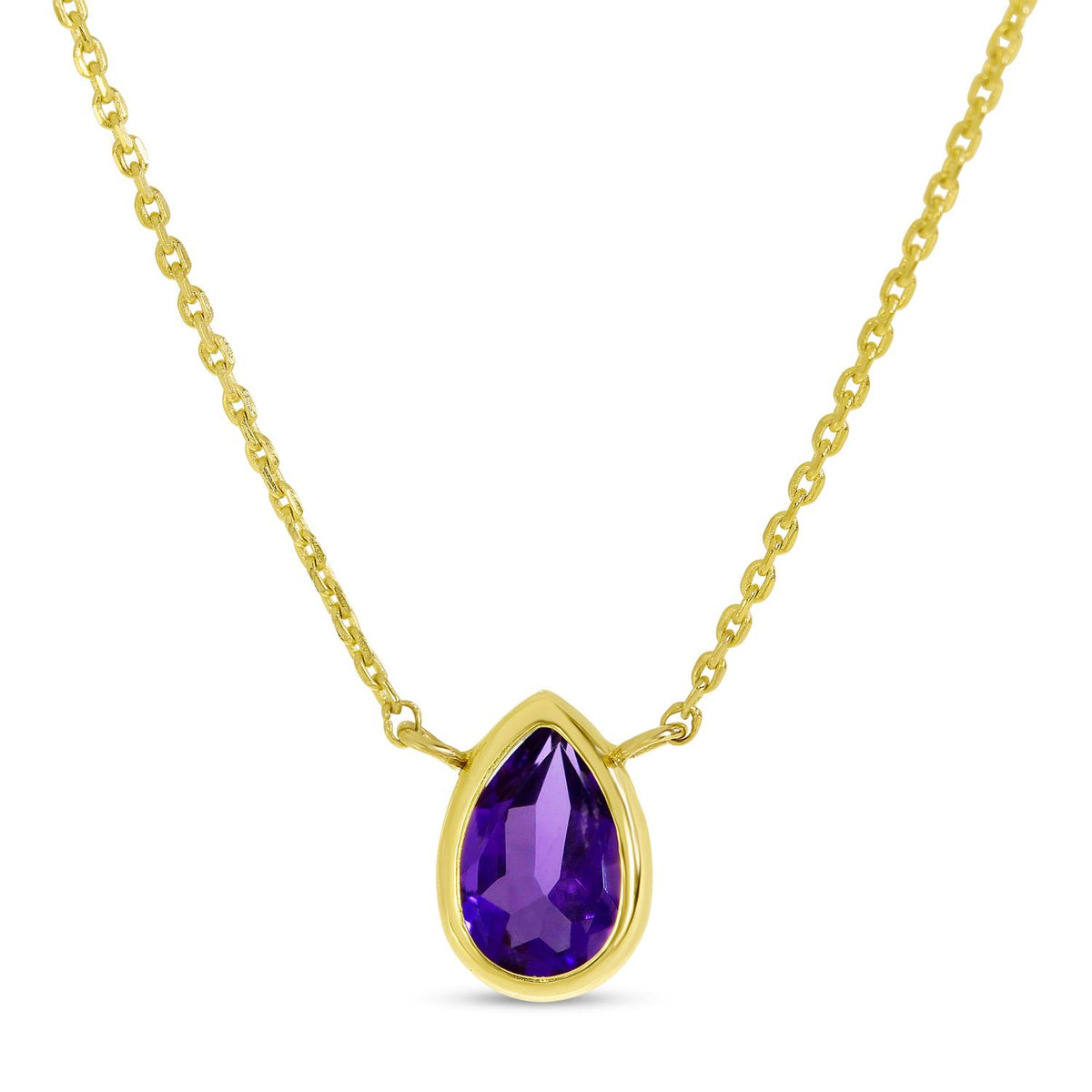 Distinctive 14K Yellow Gold Pear Amethyst Birthstone Necklace