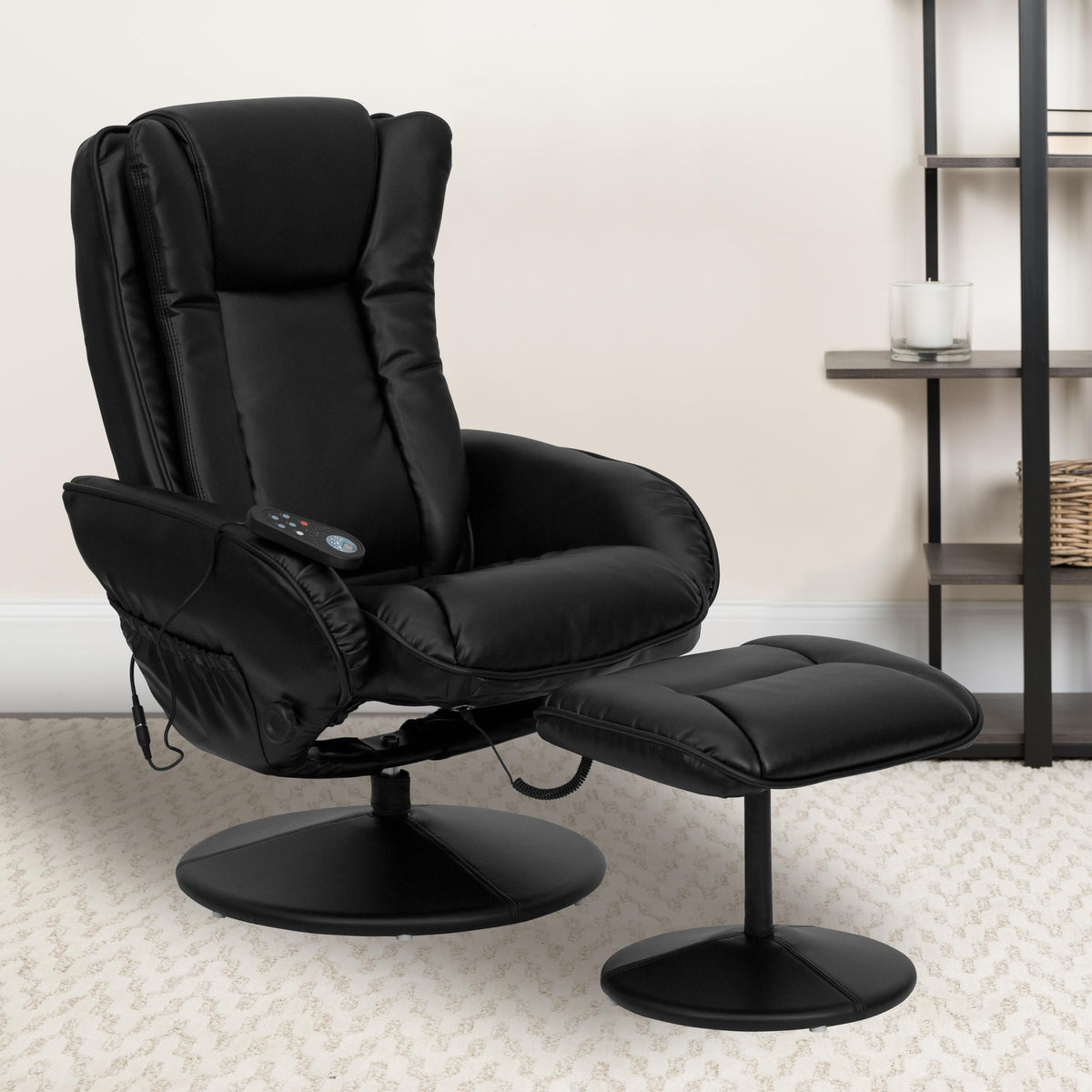 Flash Furniture Black LeatherSoft Massaging Multi-Position Recliner w/Side Pocket &Ottoman