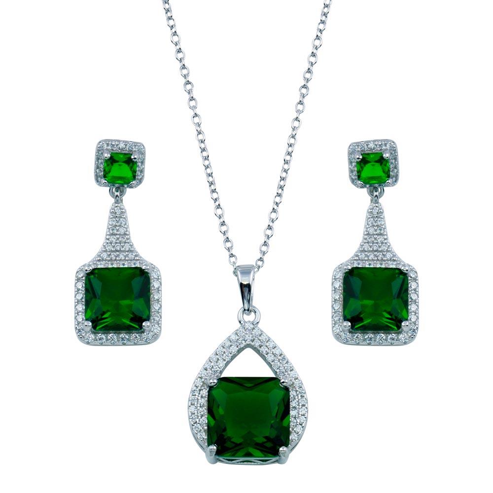 PARIKHS Rhodium Plated Teardrop Necklace-Square Earring Set with Green CZ in 925 Sterling Silver