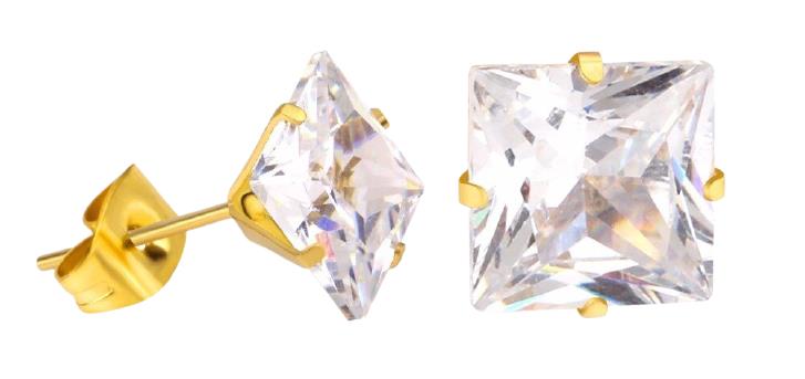 Completely Bella Princess Cut CZ Solitaire Studs in Gold Tone