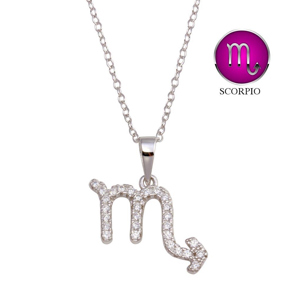 PARIKHS Rhodium Plated Scorpio CZ Zodiac Sign Necklace in 925 Sterling Silver
