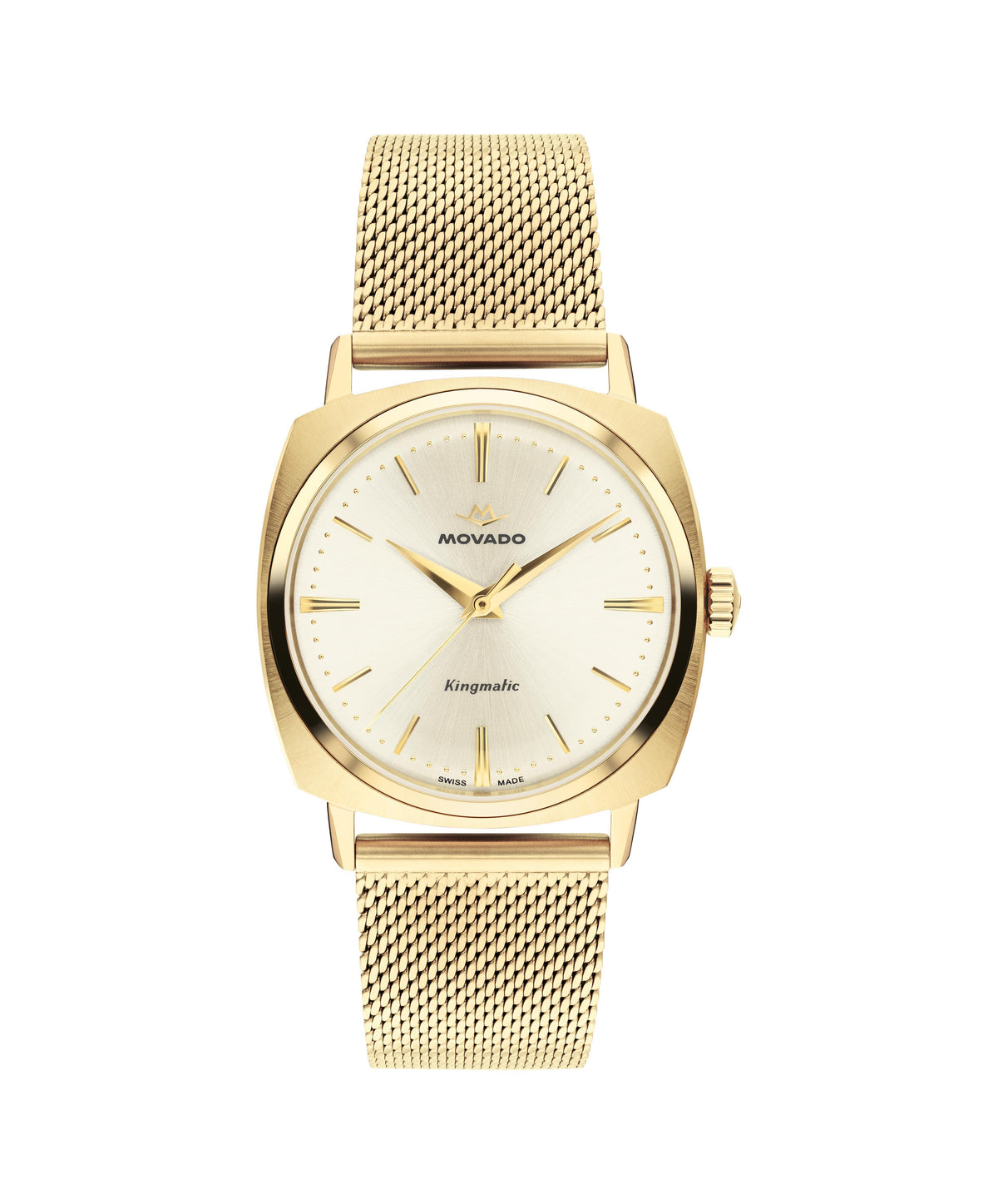 Movado Kingmatic. Yellow Gold IP case and mesh bracelet. Ivory Dial