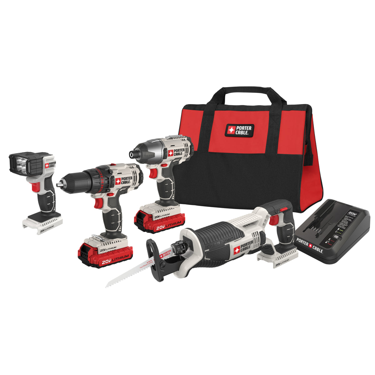 Porter Cable 20V MAX Cordless 4 Tool Combo - Drill/Recip/Impact/Light