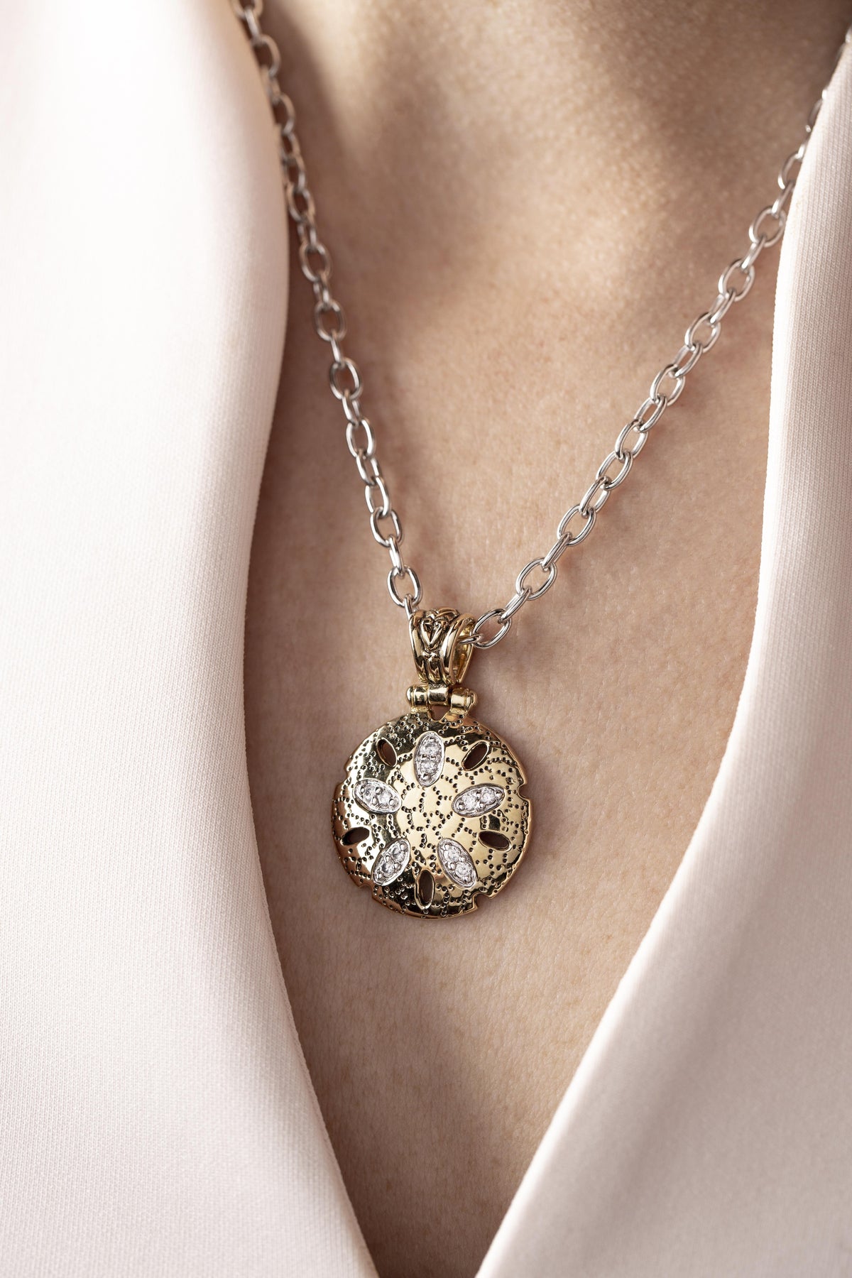 John Medeiros Ocean Images Seaside Collection Small Sand Dollar Slider With 18" Chain. Pendant: 1-1/4"L x 3/4"W