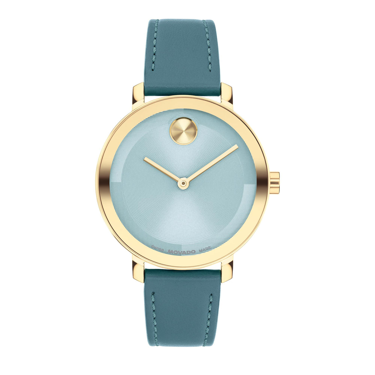 Movado Bold Evolution 2.0 Gents. YG IP Case Deep Teal Leather Strap. Light Blue microtextured Dial