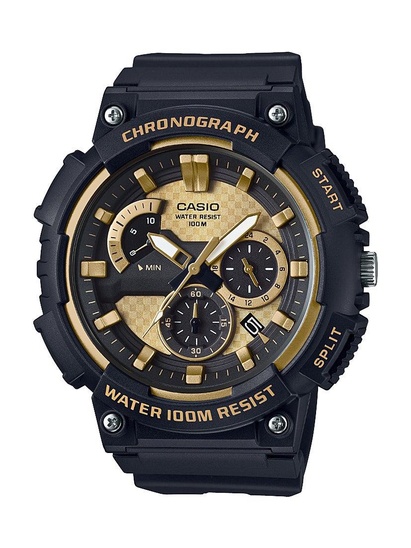 Casio Mens Classic Chronograph Analog Resin Watch Black & Gold Dial