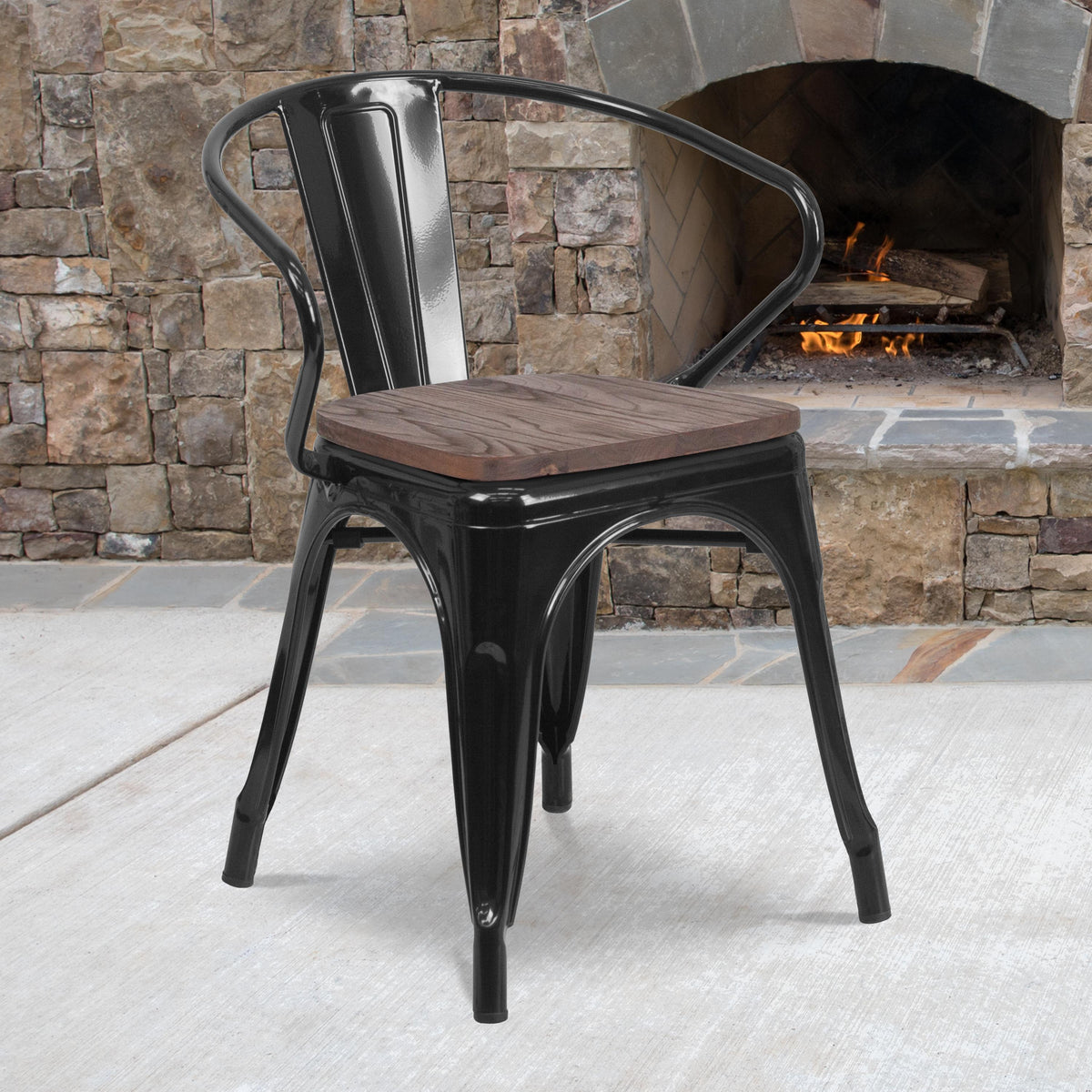 Flash Furniture Black Metal Chair with Wood Seat and Arms - Restaurant Chair - Bistro Chair