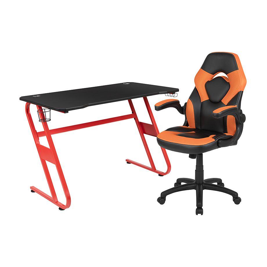OSC Designs Red Gaming Desk and Orange/Black X10 Series Gaming Chair Set