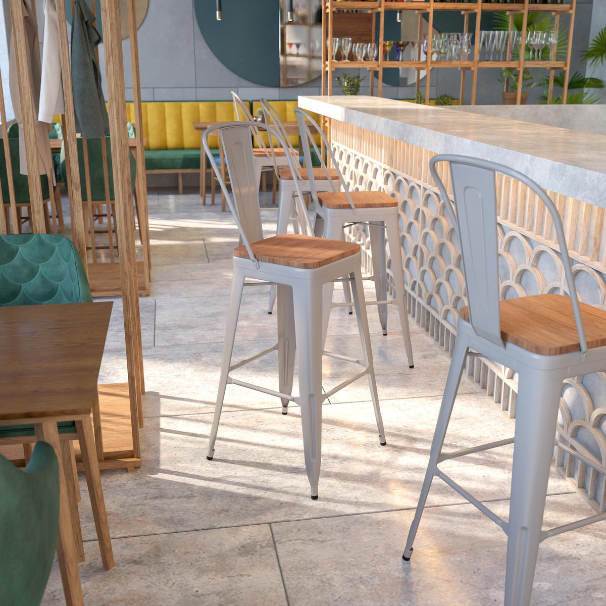 Flash Furniture 30" High Silver Metal Barstool with Back and Wood Seat - Kitchen Furniture