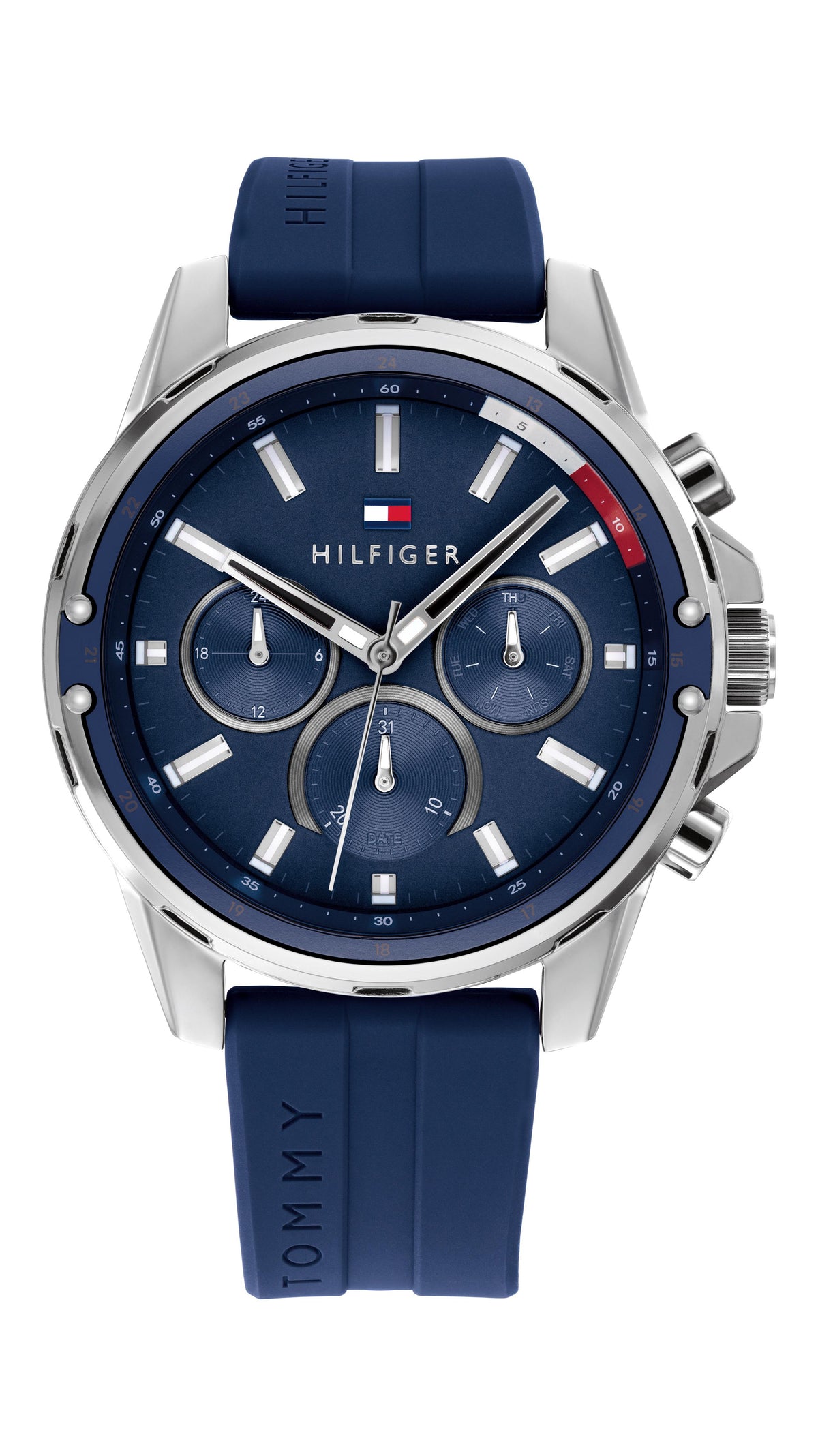 Tommy Hilfiger Mens. Stainless Steel Case. Blue Silicon Strap. Blue Dial.