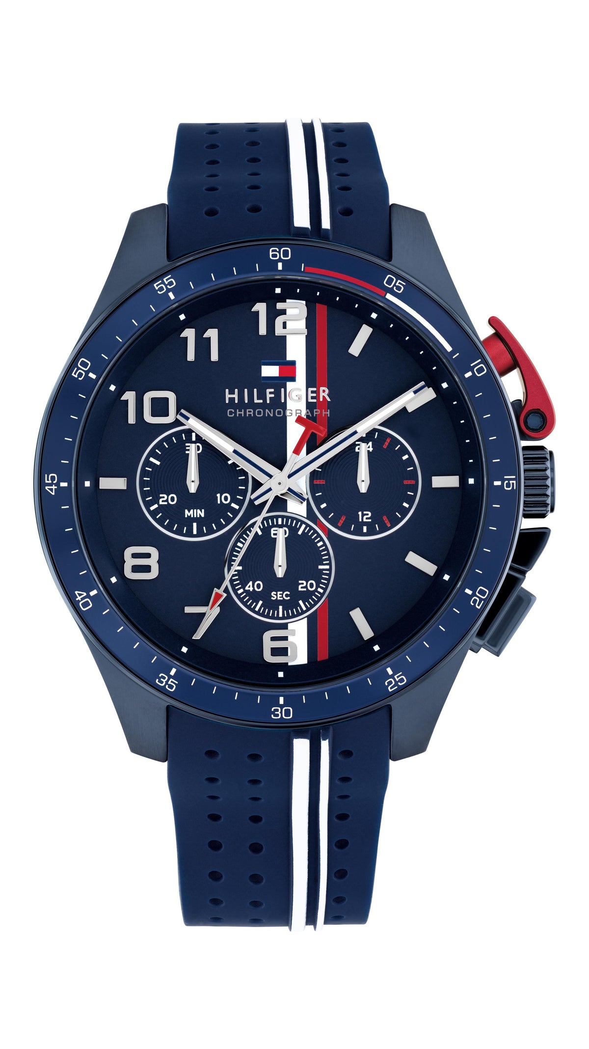 Tommy Hilfiger Men's. SS/Blue Aluminum Case Blue Silicone Strap. Blue Chronograph Dial.