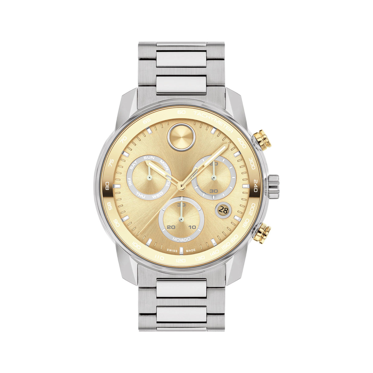 Movado Mens BOLD Verso Chronograph Silver-Tone Stainless Steel Watch Gold Dial