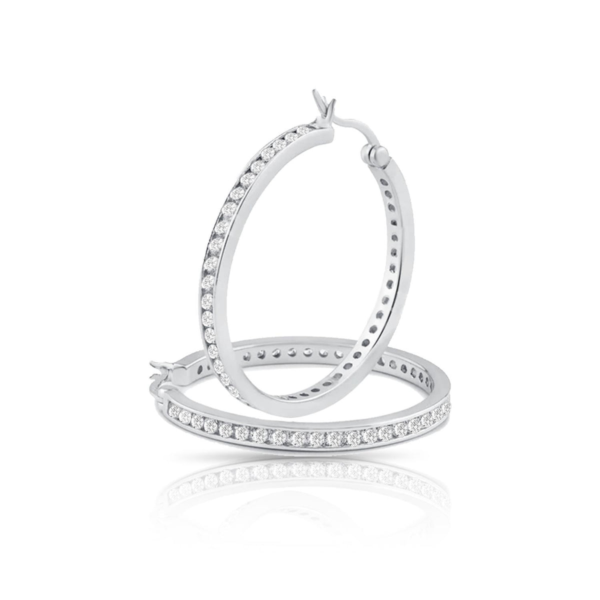 PARIKHS Rhodium Plated Round Clear CZ Hoop Earrings in 925 Sterling Silver-35MM