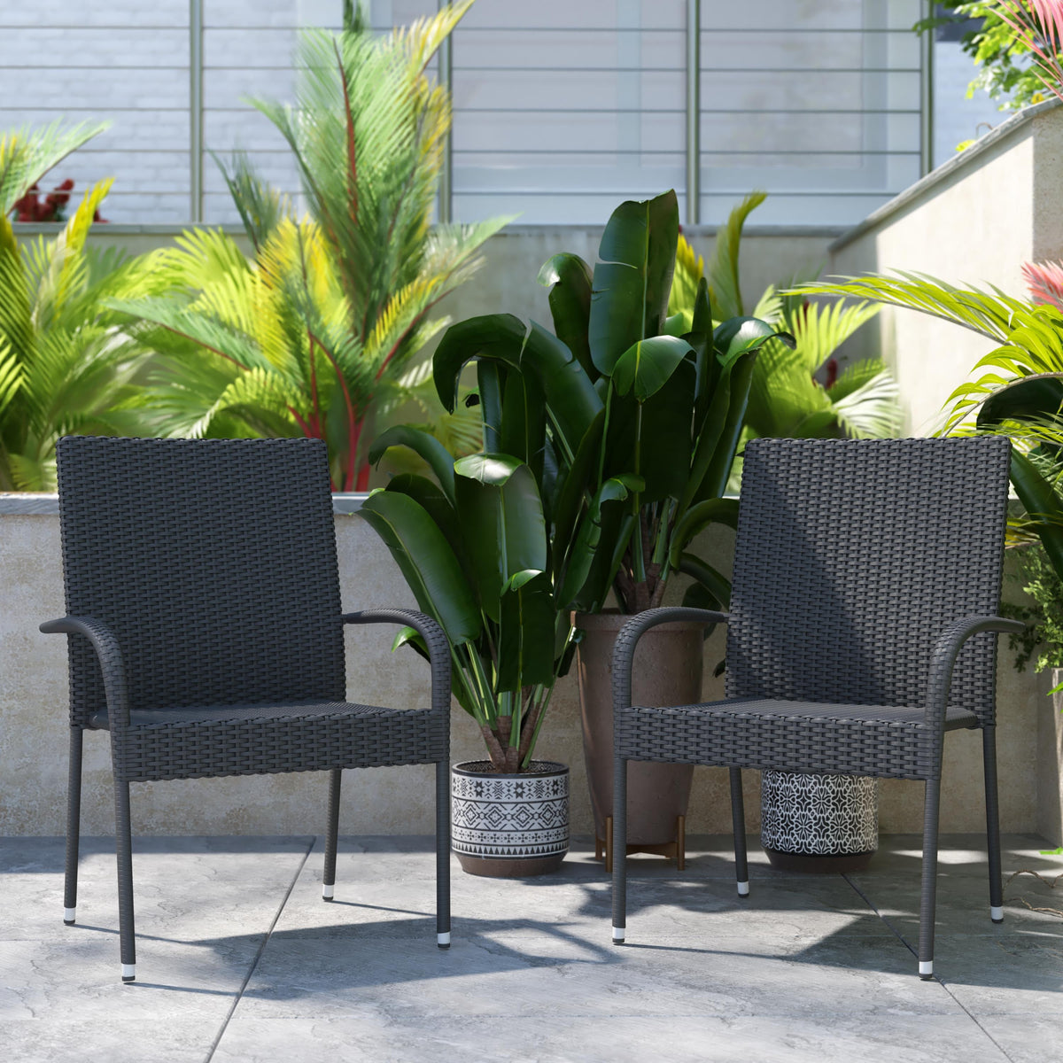 Flash Furniture Indoor/Outdoor Stacking Steel Framed Gray Wicker Dining Armchairs - 2 Pack