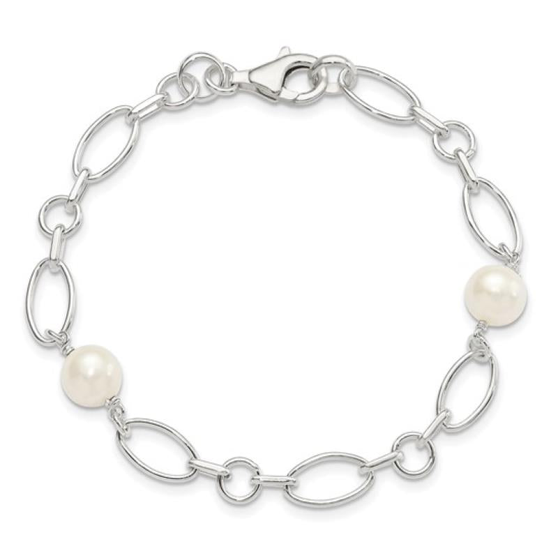 Distinctive Sterling Silver Polished Freshwater Cultured Pearl Bracelet