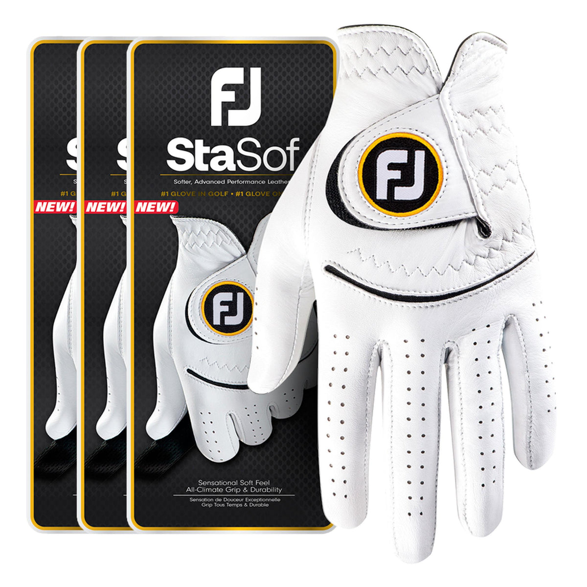 FootJoy StaSof Men's Golf Glove - Pearl/Black (3 Pack) - Regular Left Hand/M