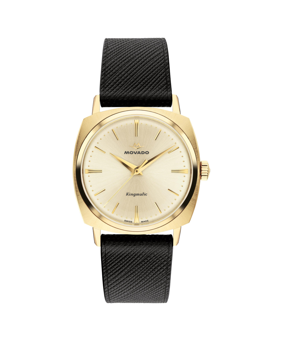 Movado Kingmatic. Yellow Gold IP case. Black Leather Strap. Champagne Dial