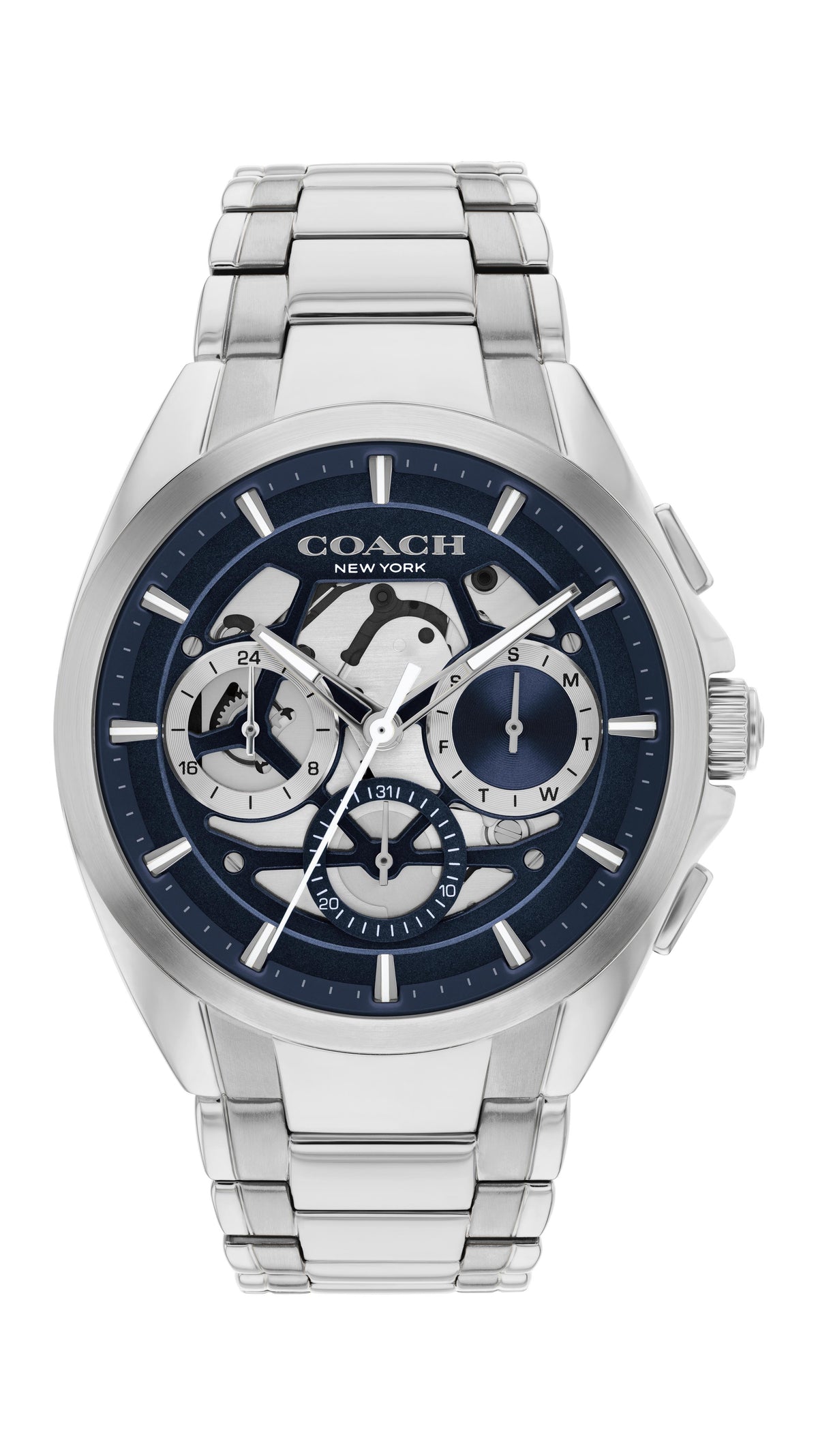 Coach Jackson Gents. Stainless Steel Case & Bracelet. Navy skeleton dial.