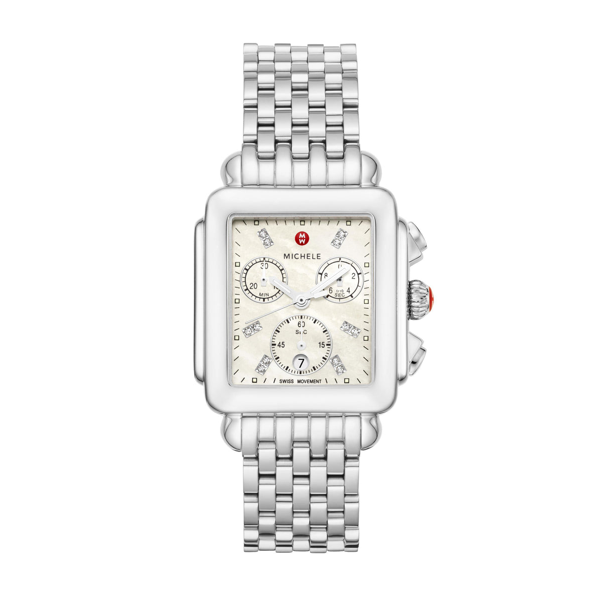 Michele Ladies Deco Silver-Tone Stainless Diamond Watch Mother-of-Pearl Dial