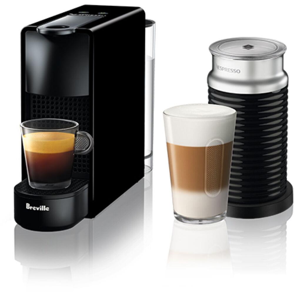 Breville Nespresso Essenza Mini Single-Serve Machine in Piano Black and Aeroccino Milk Frother in Black