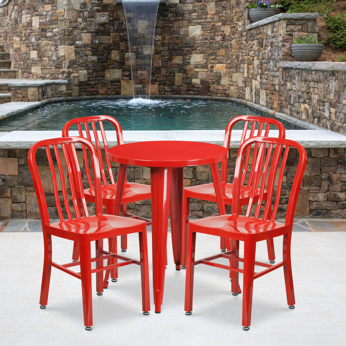Flash Furniture 24" Round Red Metal Indoor-Outdoor Table Set with 4 Vertical Slat Back Chairs
