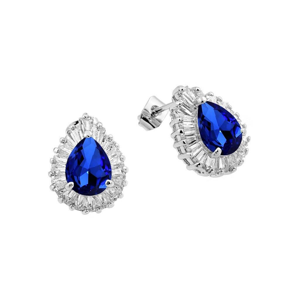 PARIKHS Rhodium Plated Clear and Blue Teardrop Baguette CZ Stud Earring in 925 Sterling Silver