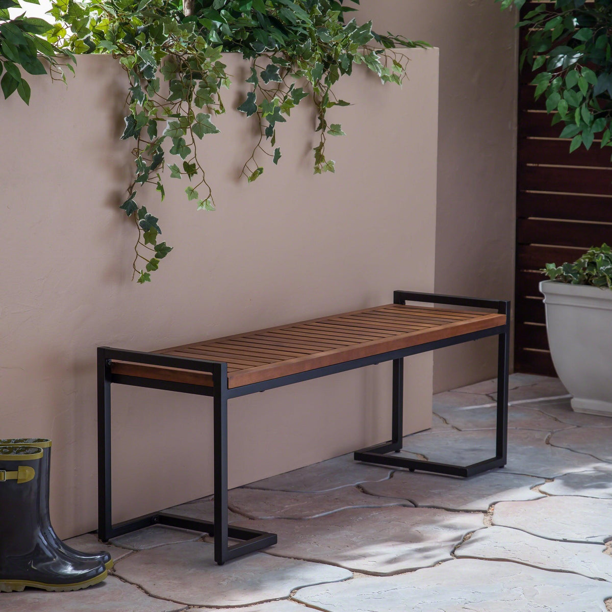 Stark Home Outdoor Industrial Acacia Wood And Iron Bench