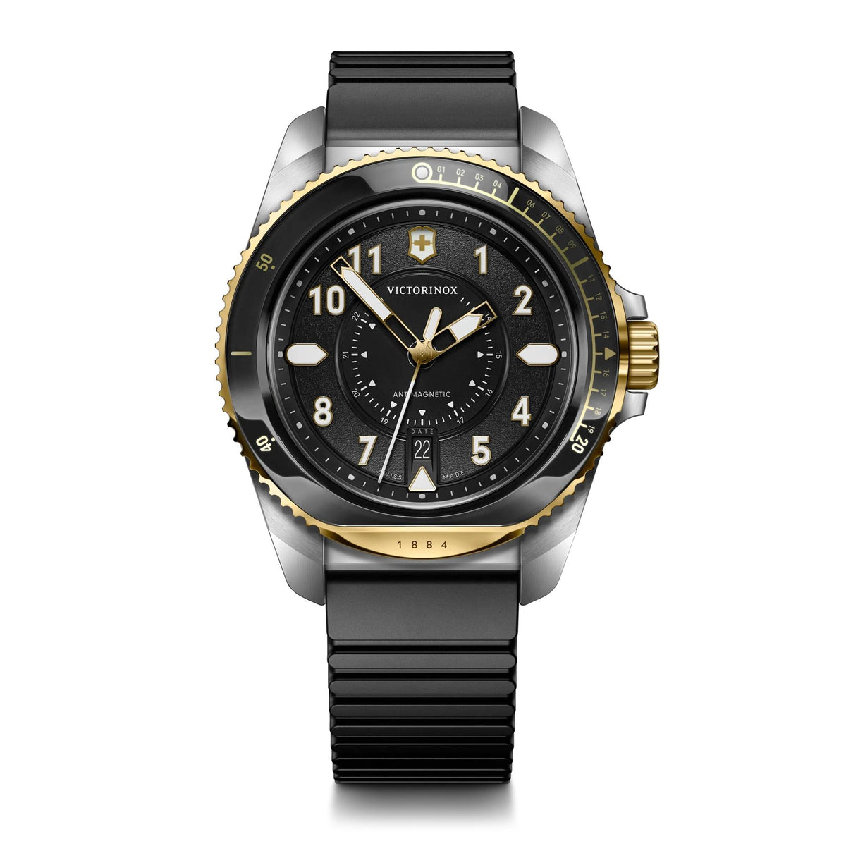 Victorinox Swiss Army Journey Quartz 43mm, Silver/Gold Tow-Tone Stainless Steel Case, Black Dial, Black Rubber Strap