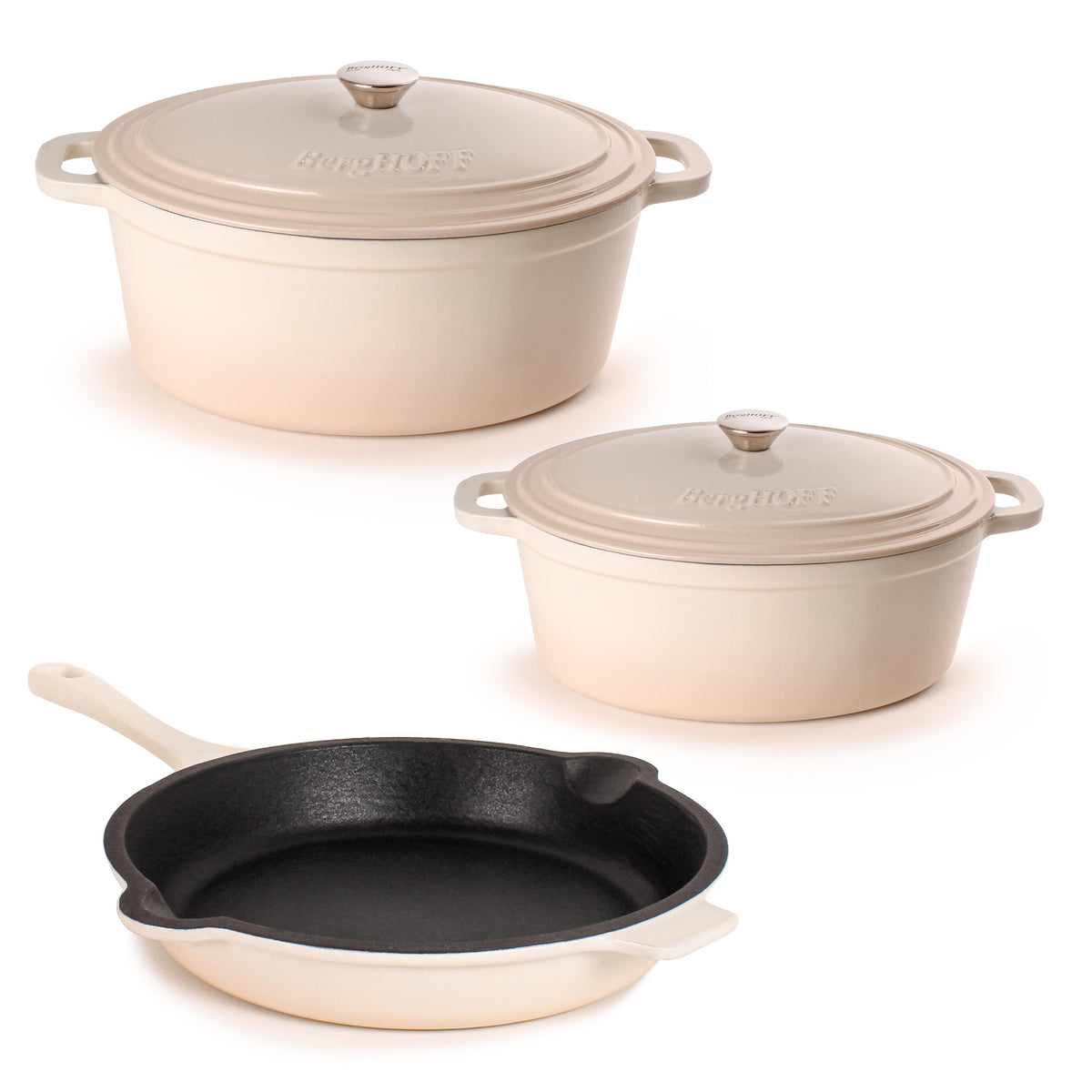 BergHOFF Neo 5pc Cast Iron Oval Dutch Oven Set with 10" Fry Pan, 5qt. & 8qt., Meringue