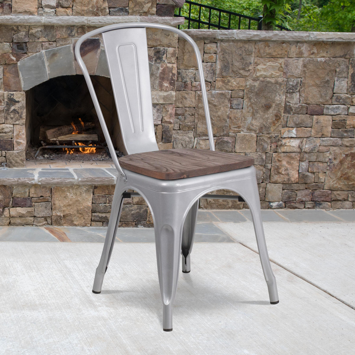 Flash Furniture Silver Metal Stackable Chair with Wood Seat - Restaurant Chair - Bistro Chair