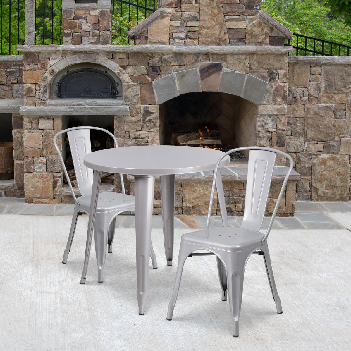 Flash Furniture 30" Round Silver Metal Indoor-Outdoor Table Set with 2 Cafe Chairs