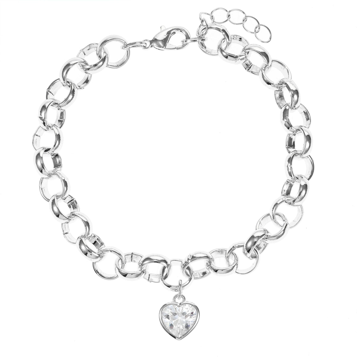 Joyful Sentiments Bold Rolo Chain Bracelet with Heart Shape Cubic Zirconia - Silvertone