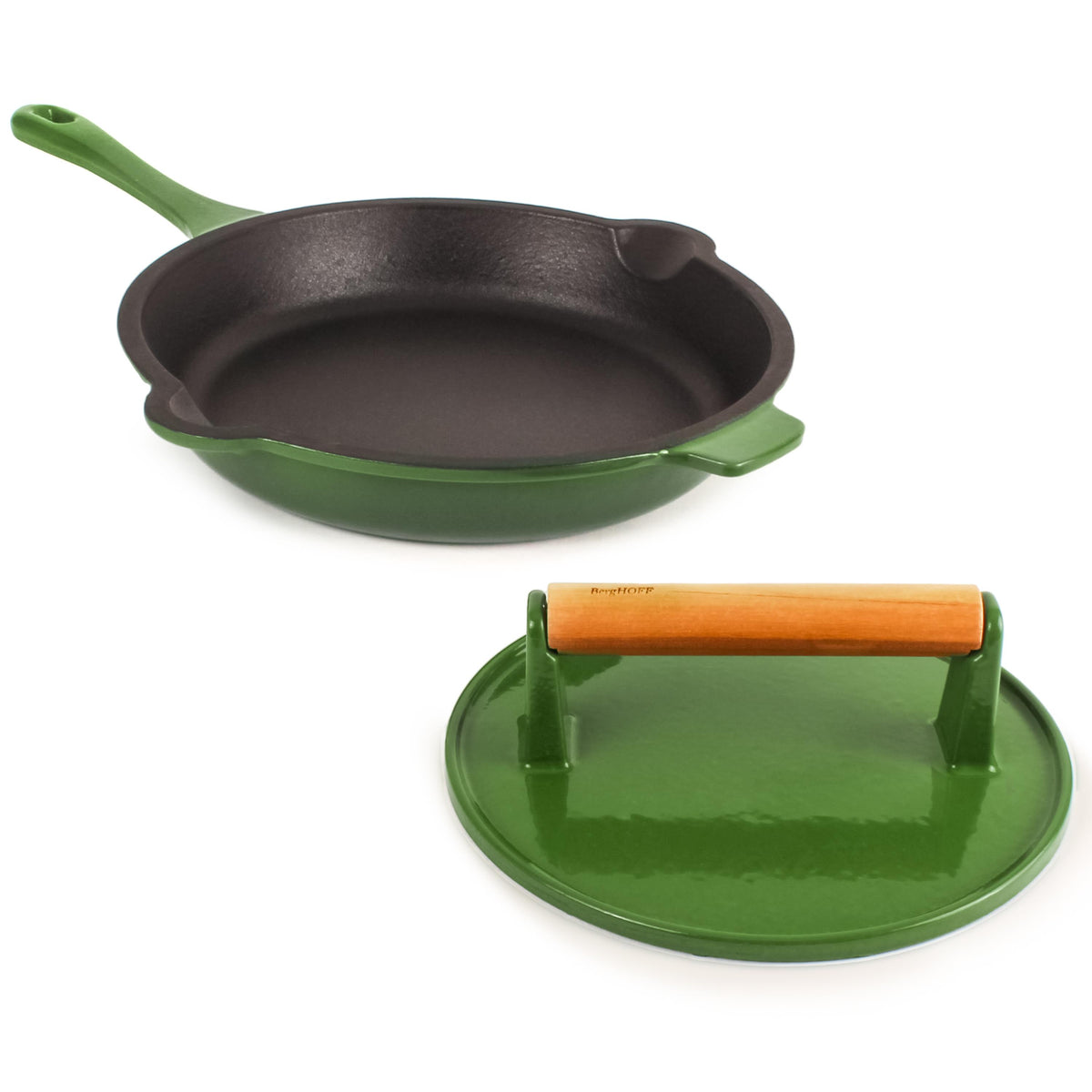 BergHOFF Neo 2pc Cast Iron 10" Fry Pan with Steak Press, Green