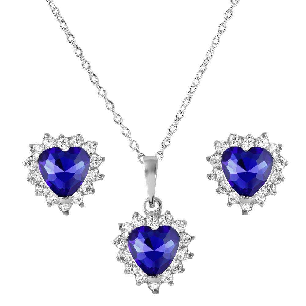 PARIKHS Rhodium Plated Heart Shaped Clear-Blue CZ Necklace-Earring Set in 925 Sterling Silver