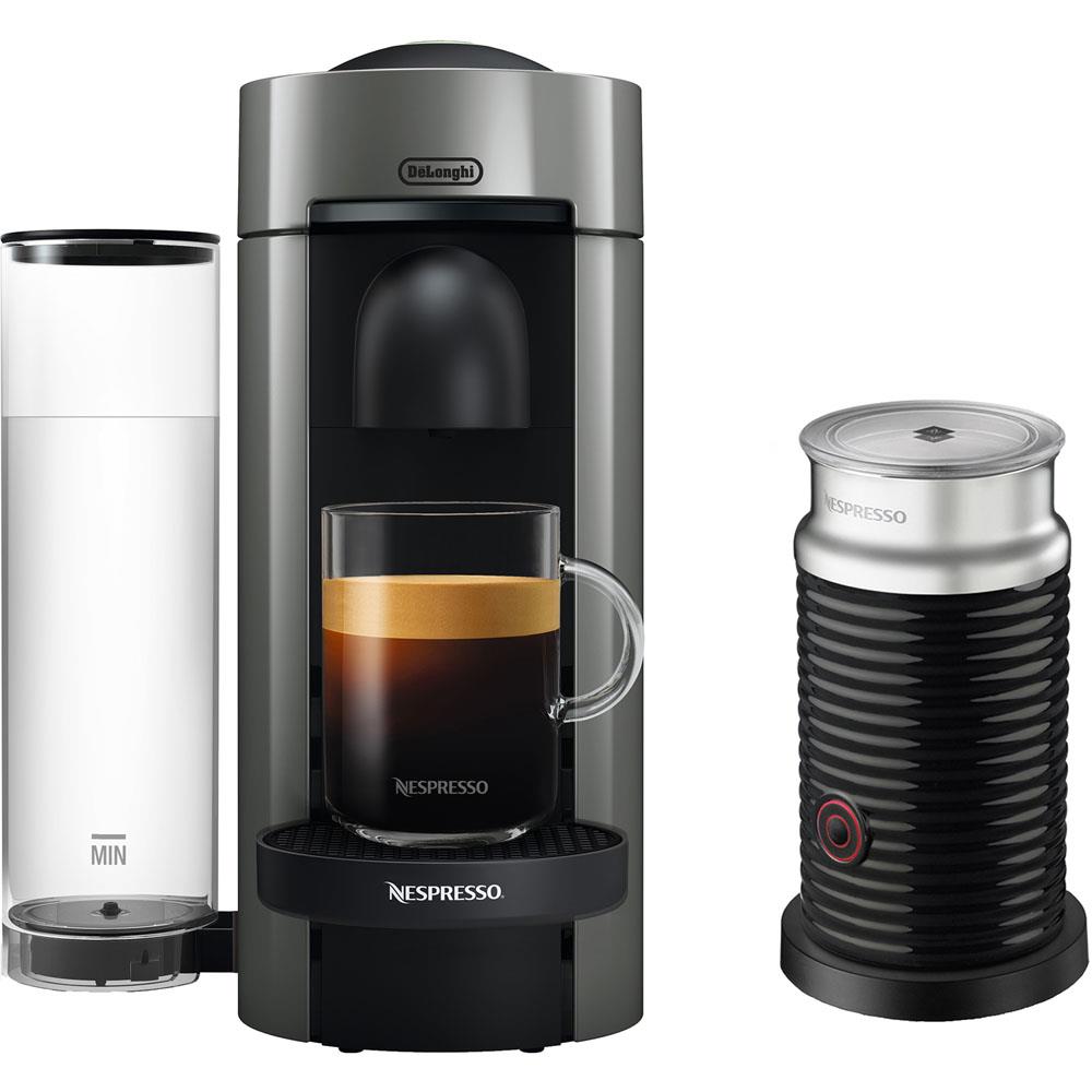 Delonghi VertuoPlus Coffee & Espresso Single-Serve Machine in Gray and Aeroccino Milk Frother in Black