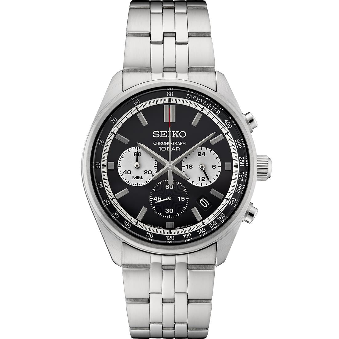 Seiko Essentials SS Chronograph Black Dial, Silver accents, Silver bracelet