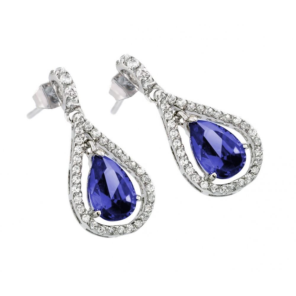 PARIKHS Rhodium Plated Teardrop Purple CZ Dangling Stud Earring in 925 Sterling Silver