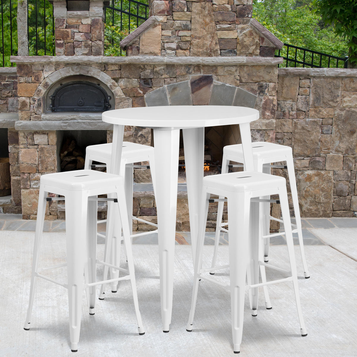 Flash Furniture 30" Round White Metal Indoor-Outdoor Bar Table Set with 4 Backless Stools
