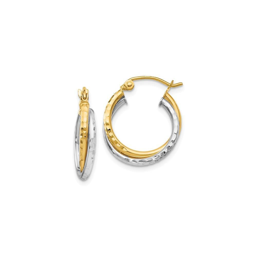 Distinctive 14K Two-tone Diamond-cut Hinged Hoop Earrings