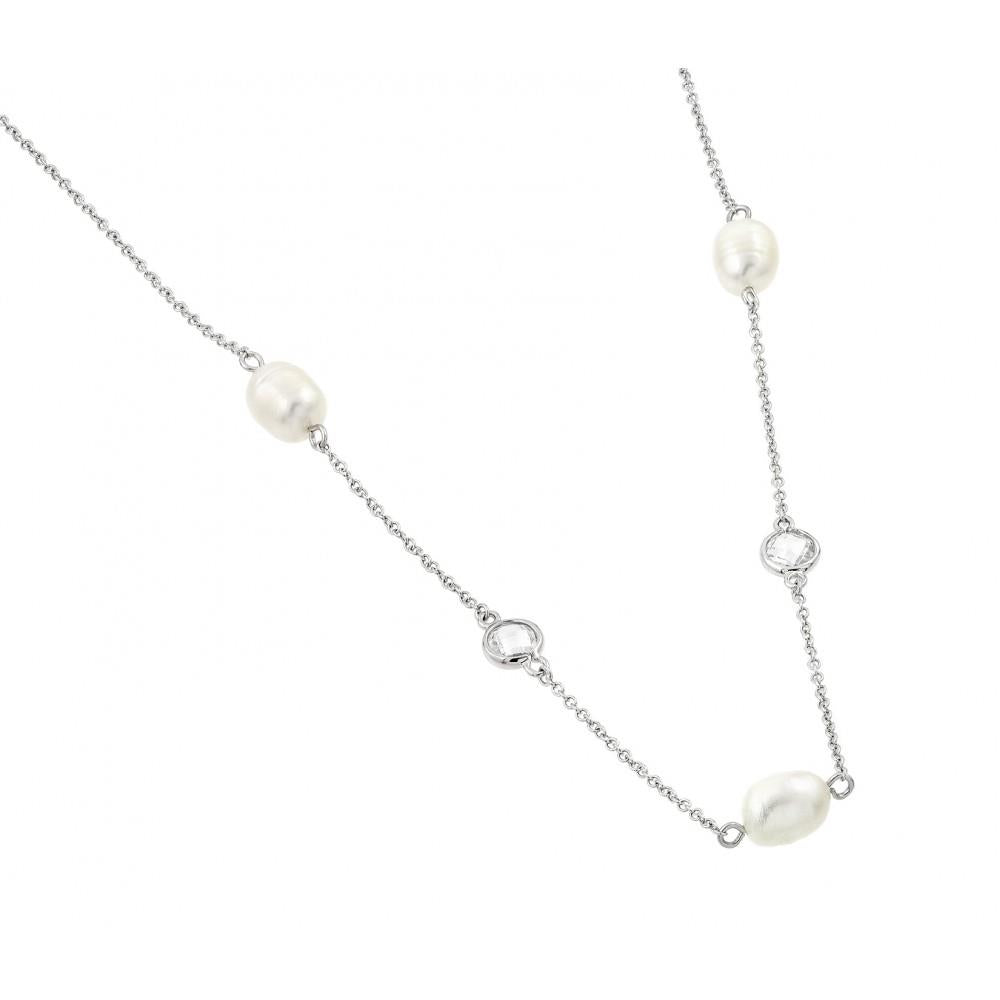 PARIKHS Rhodium Plated Clear CZ Fresh-water Pearl Pendant Necklace in 925 Sterling Silver