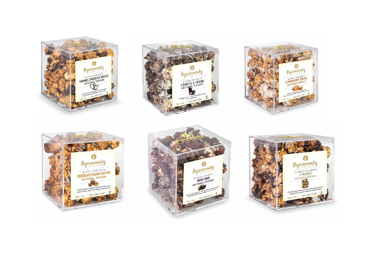 Popinsanity 6pk Popcorn in 4x4x4 Acrylic Gift Box - 6 Flavors