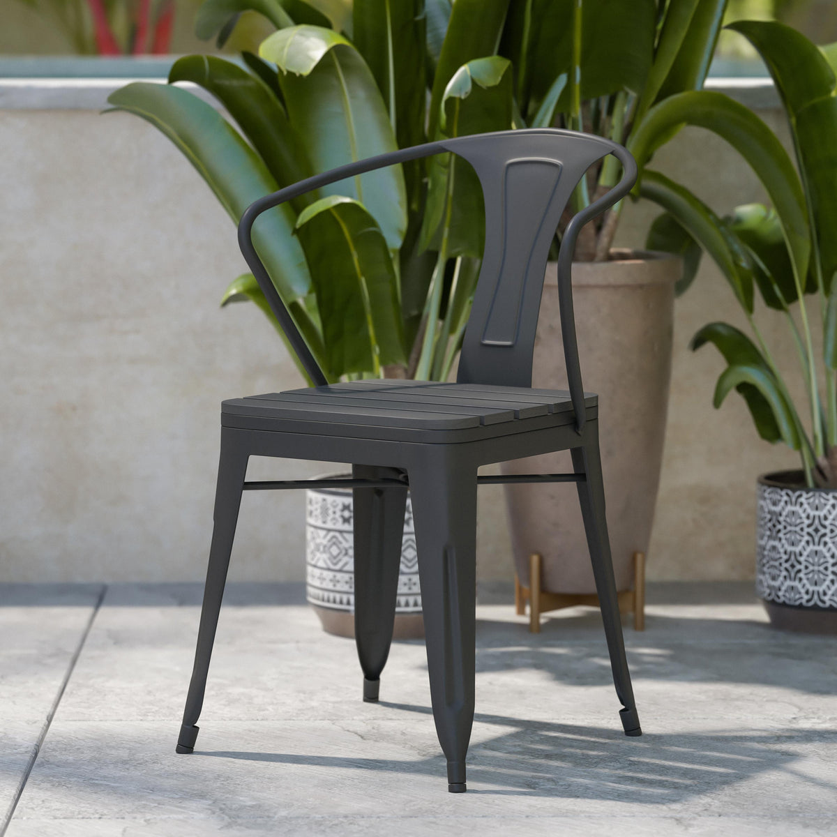 Flash Furniture All-Weather Black Vertical Slat Back Patio Chair with Poly Resin Seat-2 Pack