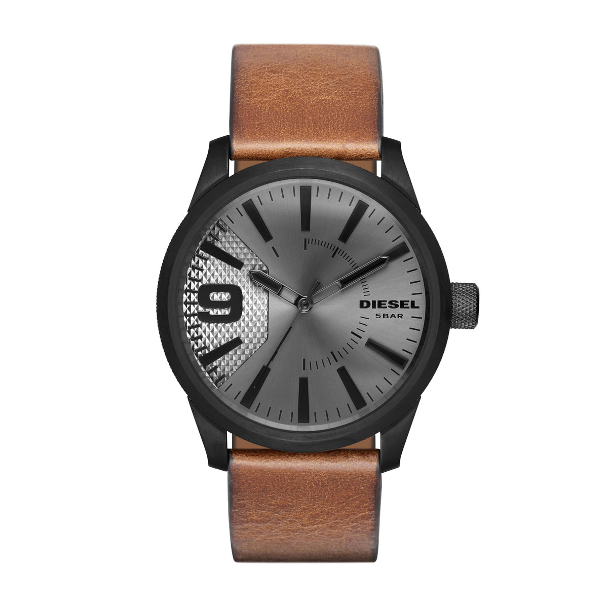 Diesel Mens Rasp Brown Leather Strap Watch Gunmetal Dial