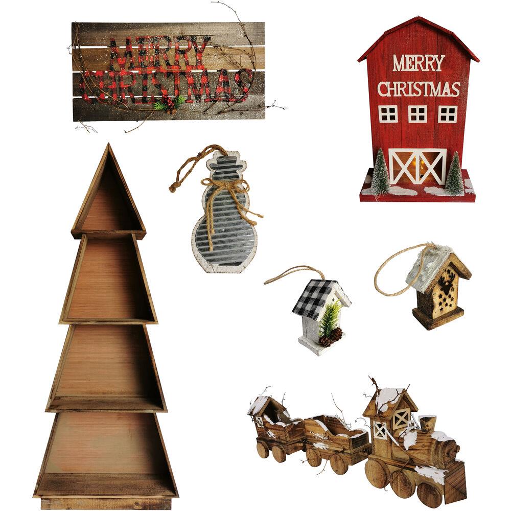Fraser Hill Woodland Christmas 7-Piece Decorating Kit: Tree Shelf, Lighted Barn, Train, Wall Sign, Snowman, and