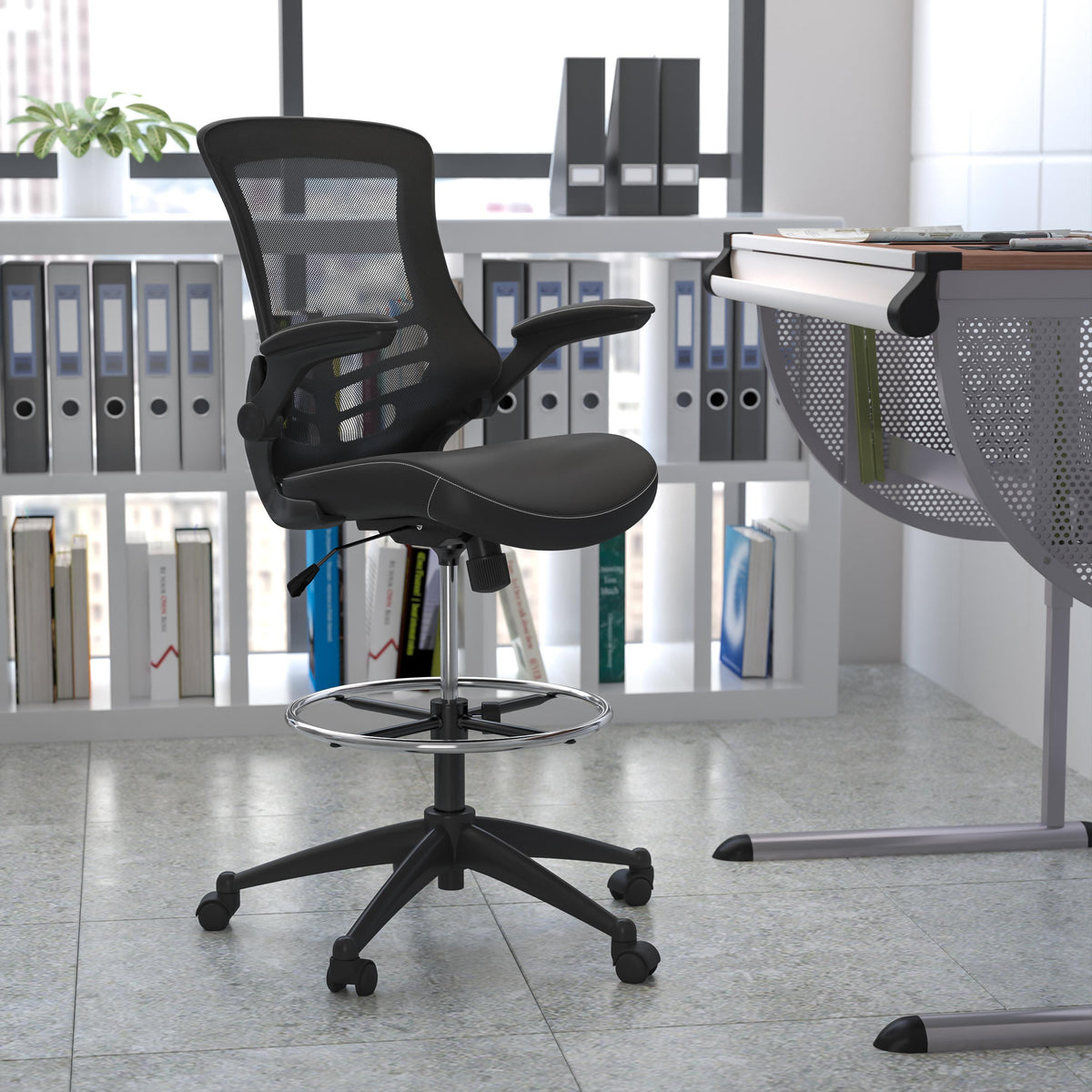 Flash Furniture Mid-Back Dark Gray Mesh Ergonomic Drafting Chair with Foot Ring and Flip-Up Arms