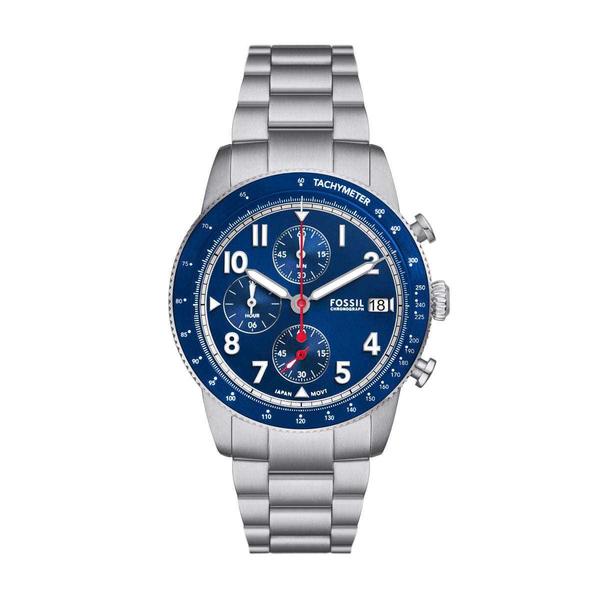 Fossil Men's Sport Tourer Chronograph Silver Stainless Steel Watch Blue Dial