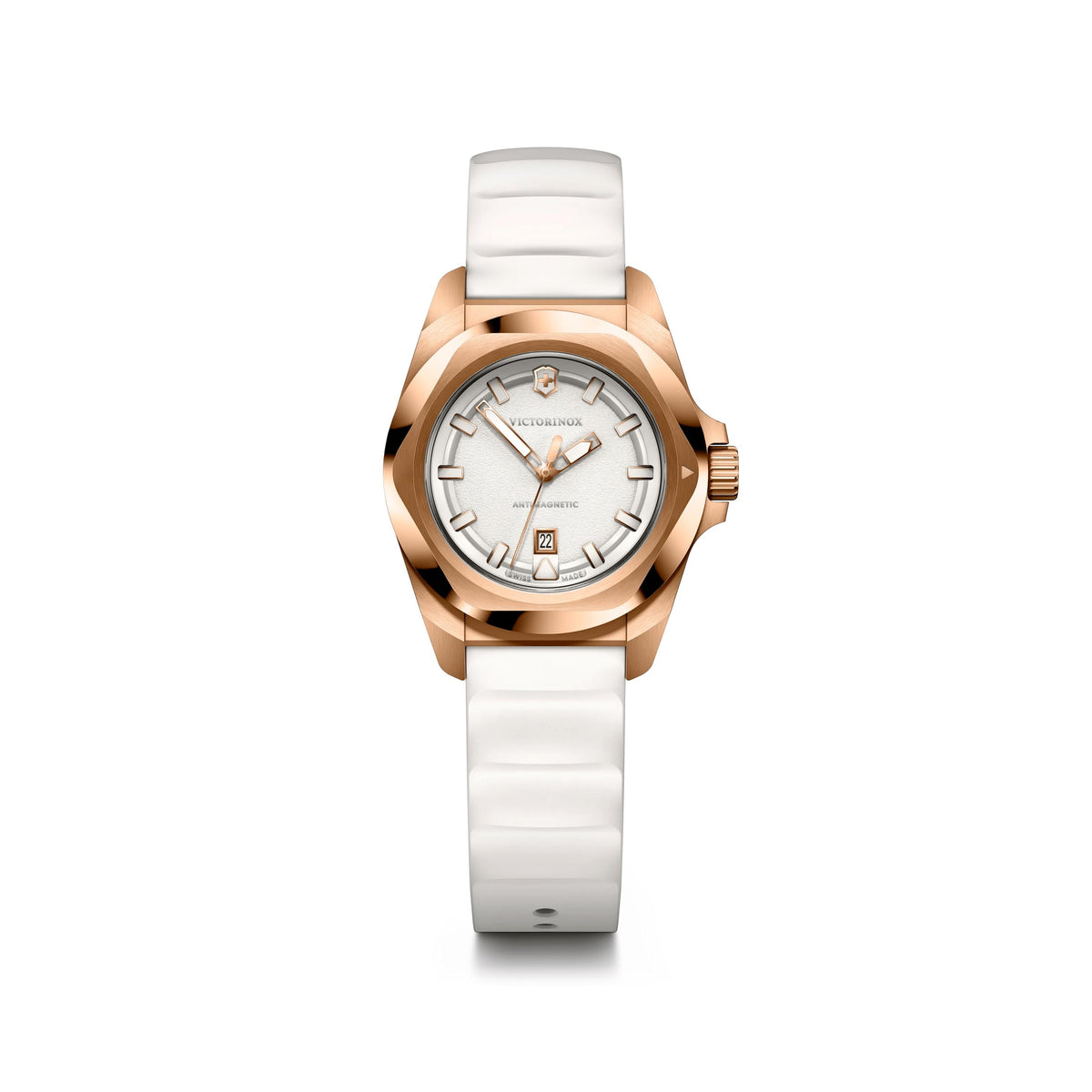 Victorinox Swiss Army I.N.O.X. 32mm, rose-gold stainless steel case and bezel, white dial, white rubber strap