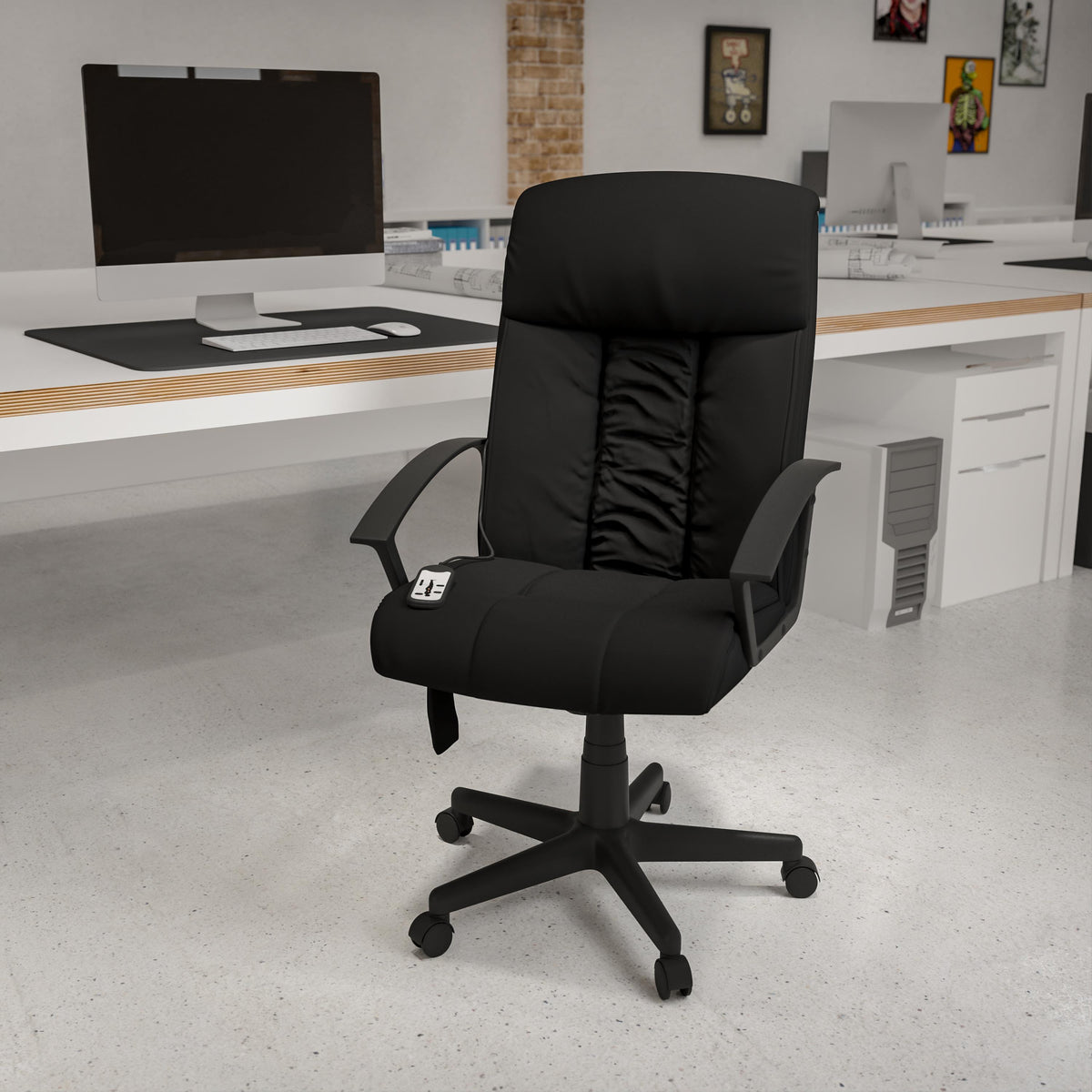 Flash Furniture High Back Massaging Black LeatherSoft Upholstered Chair with Side Remote Pocket
