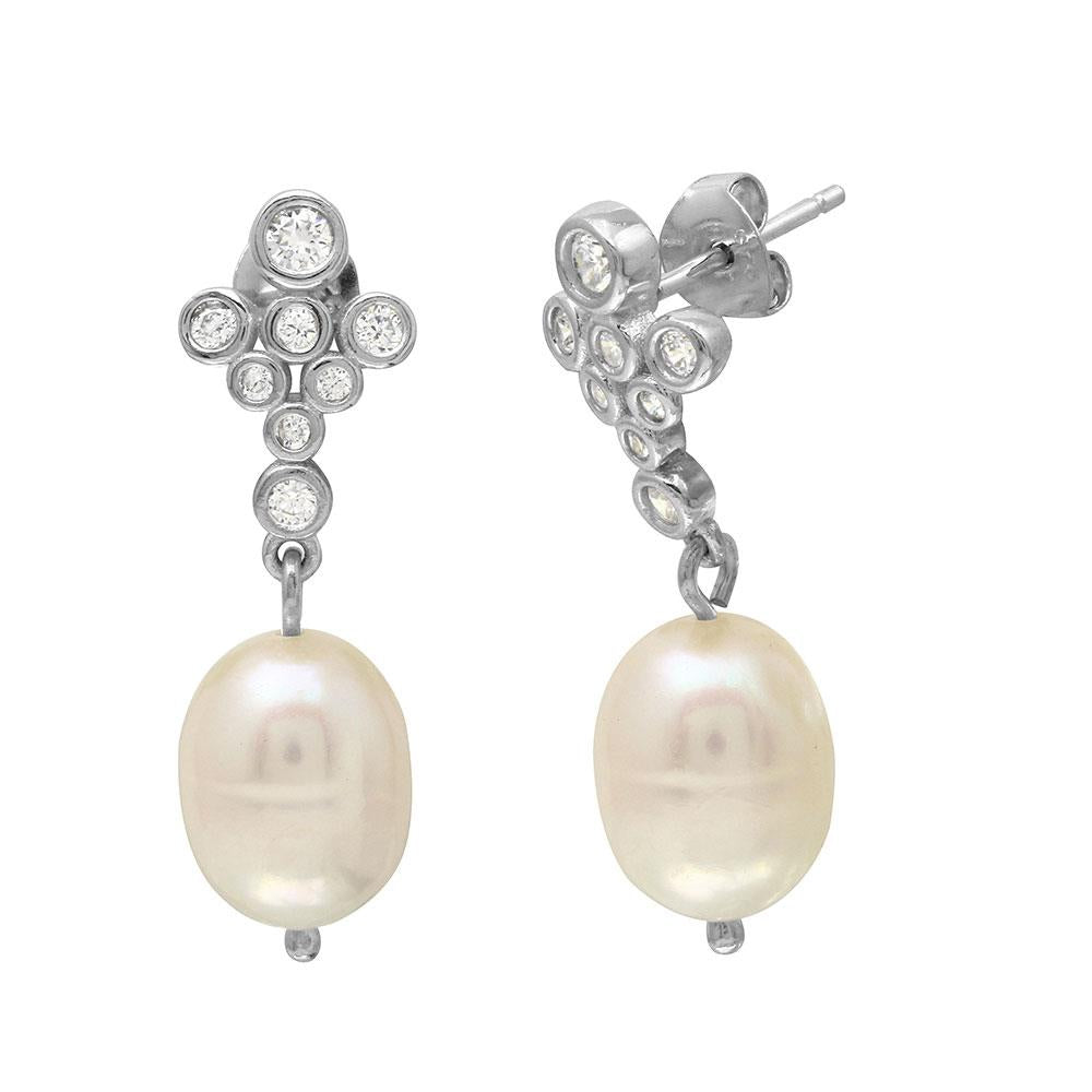 PARIKHS Rhodium Plated Bubble Stud Earring with Dangling Fresh Water Pearls in 925 Sterling Silver